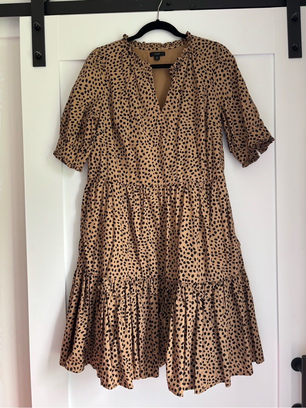 J. Crew Tan and Black Polka Dot Tiered V-Neck Midi Dress